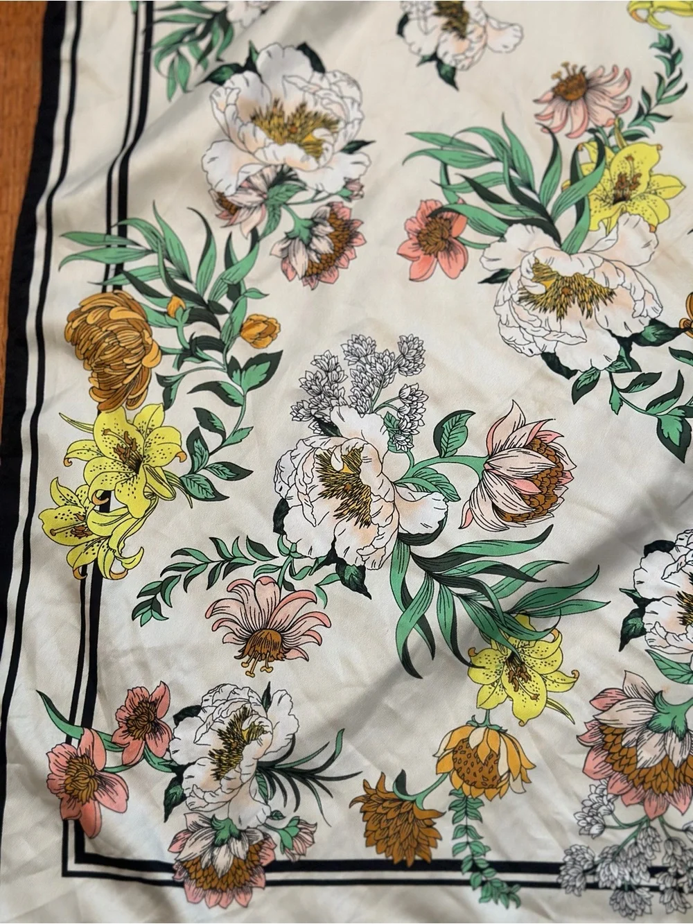 Vintage Style Floral Botanical Square Scarf 22x22 Ivory Black Border Hair Neck